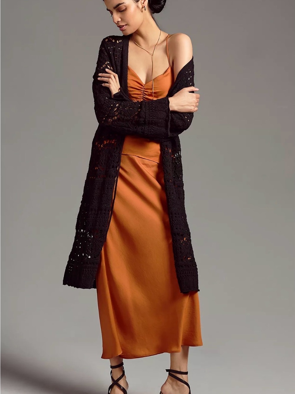 By Anthropologie Black Crochet Pointelle Duster Cardigan Maxi Sweater